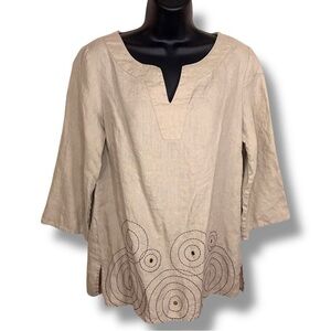 Medium Ecologie Beige Tan Linen Blouse Top Vneck Boho Neutral Embroidered Accent